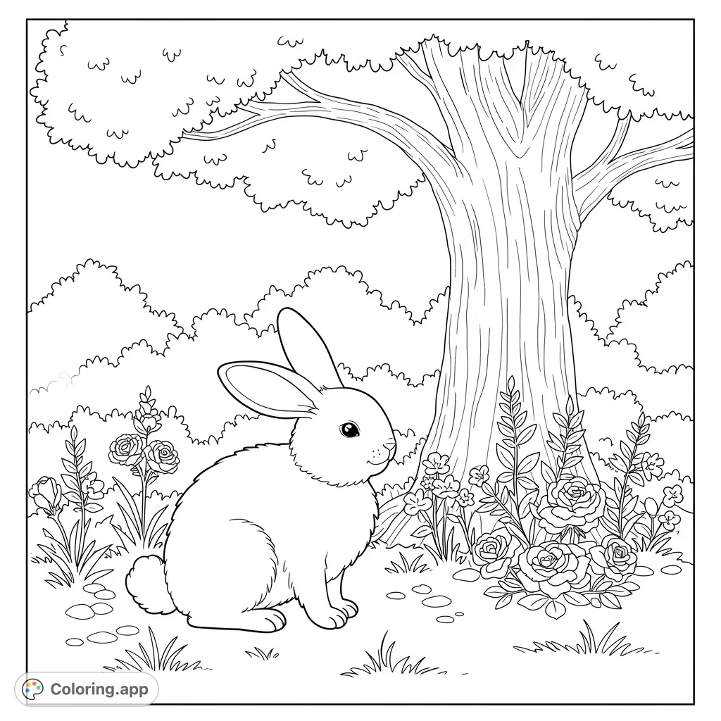 A charming rabbit rests under a tree, surrounded by blooming flowers on a bright, sunny day. A delightful nature scene for all ages.