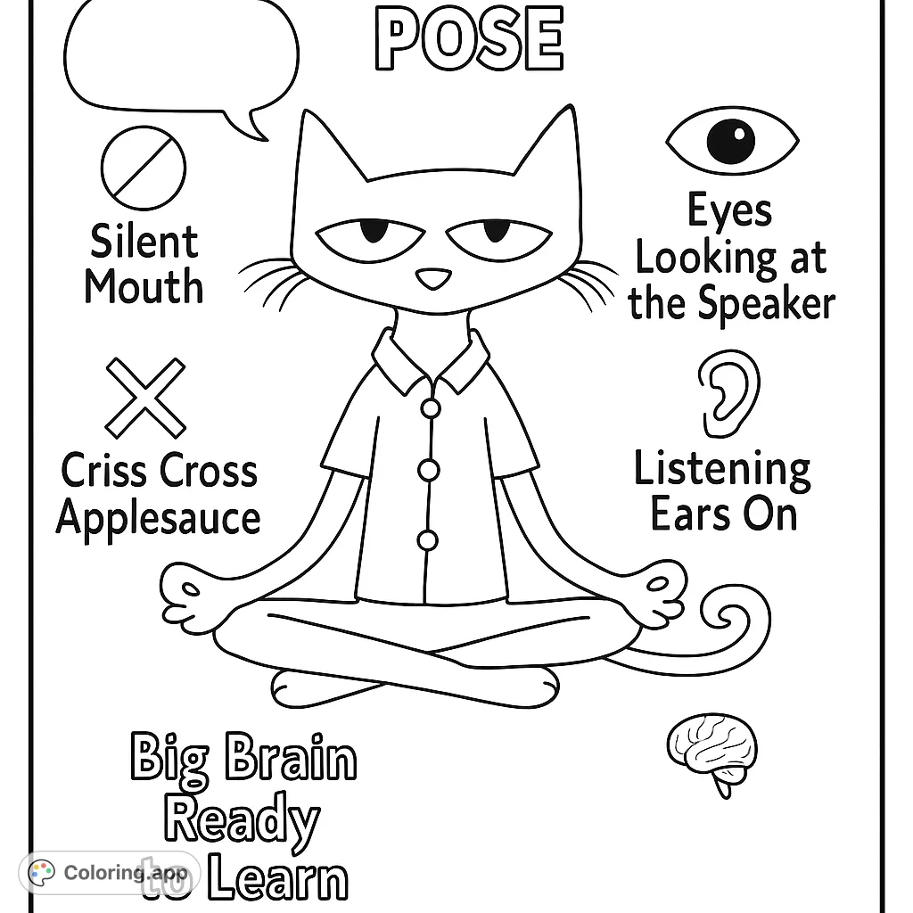Color Pete the Cat in his famous pose, ready to learn! A fun and engaging free printable coloring page for kids, perfect for quiet time.