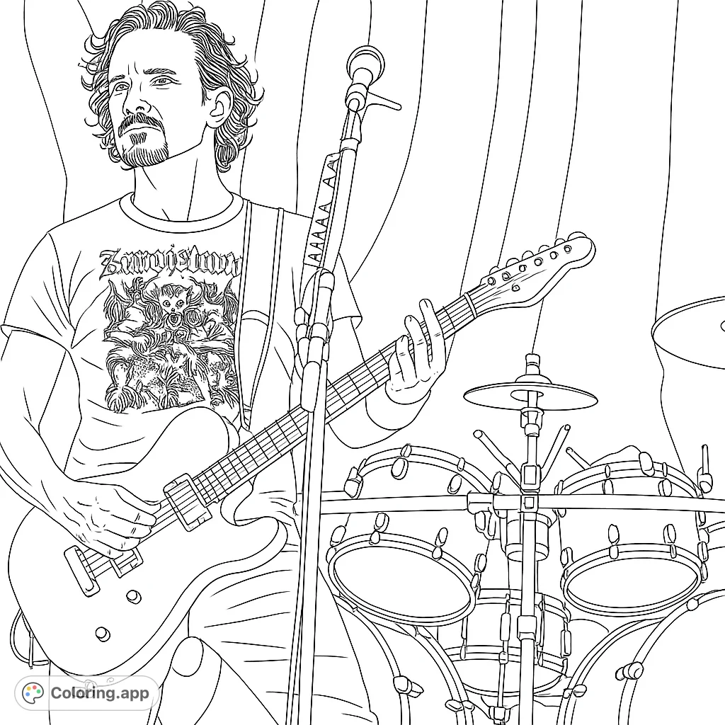 Dynamic rock guitarist performing live, with detailed instrument and stage elements. Perfect for music lovers to color and personalize this free printable coloring page.