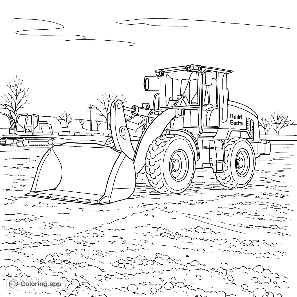 A detailed heavy equipment loader on a construction site, perfect for enthusiasts of machinery and building, offering a fun and engaging coloring experience.