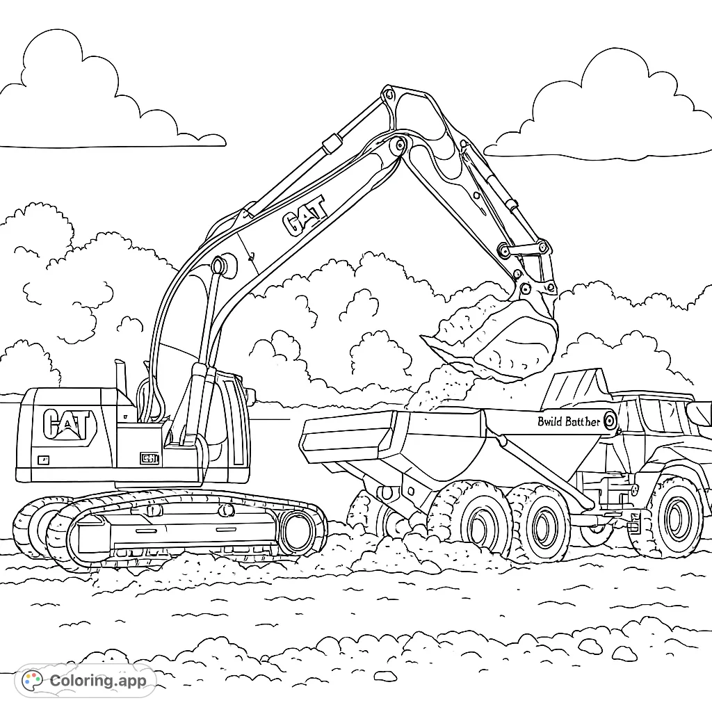 Experience the power of heavy machinery! This construction site coloring page features an excavator loading a dump truck, perfect for vehicle enthusiasts.