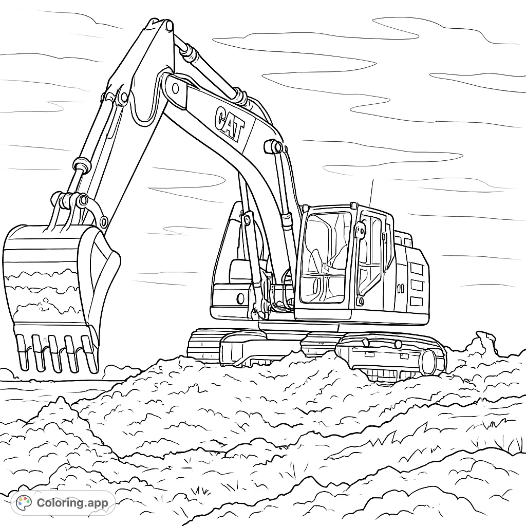 A powerful excavator dominates a construction site, its large bucket poised over a mound of earth, ready for heavy-duty digging.