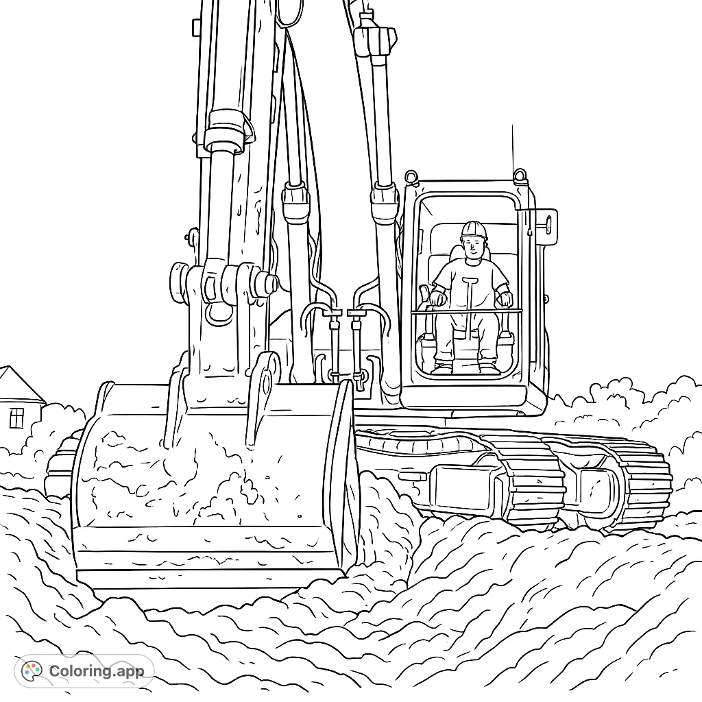Color a powerful excavator with a detailed digging bucket and tracks, operated by a person, set against a construction site backdrop. Perfect for heavy equipment fans!