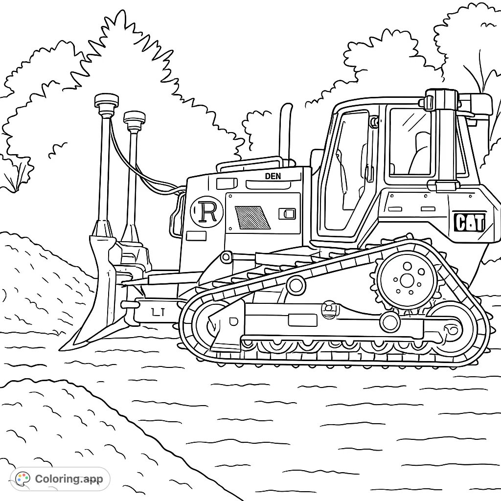 A powerful bulldozer on a construction site, ready to move earth. Perfect for fans of heavy machinery and detailed vehicle coloring pages.