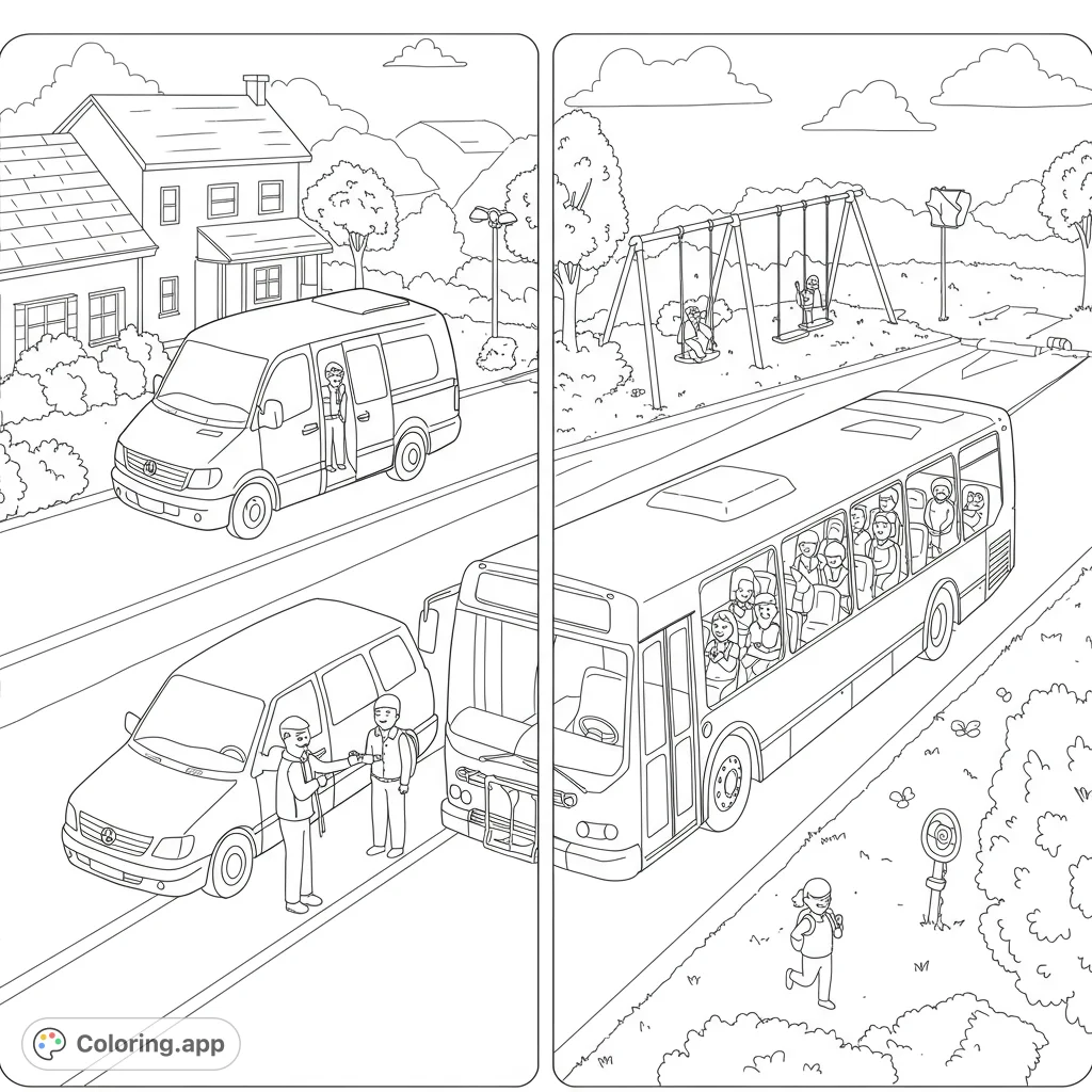 Explore a bustling public transit scene featuring a modern van assisting a passenger and a detailed cutaway bus filled with riders, set in an urban park.