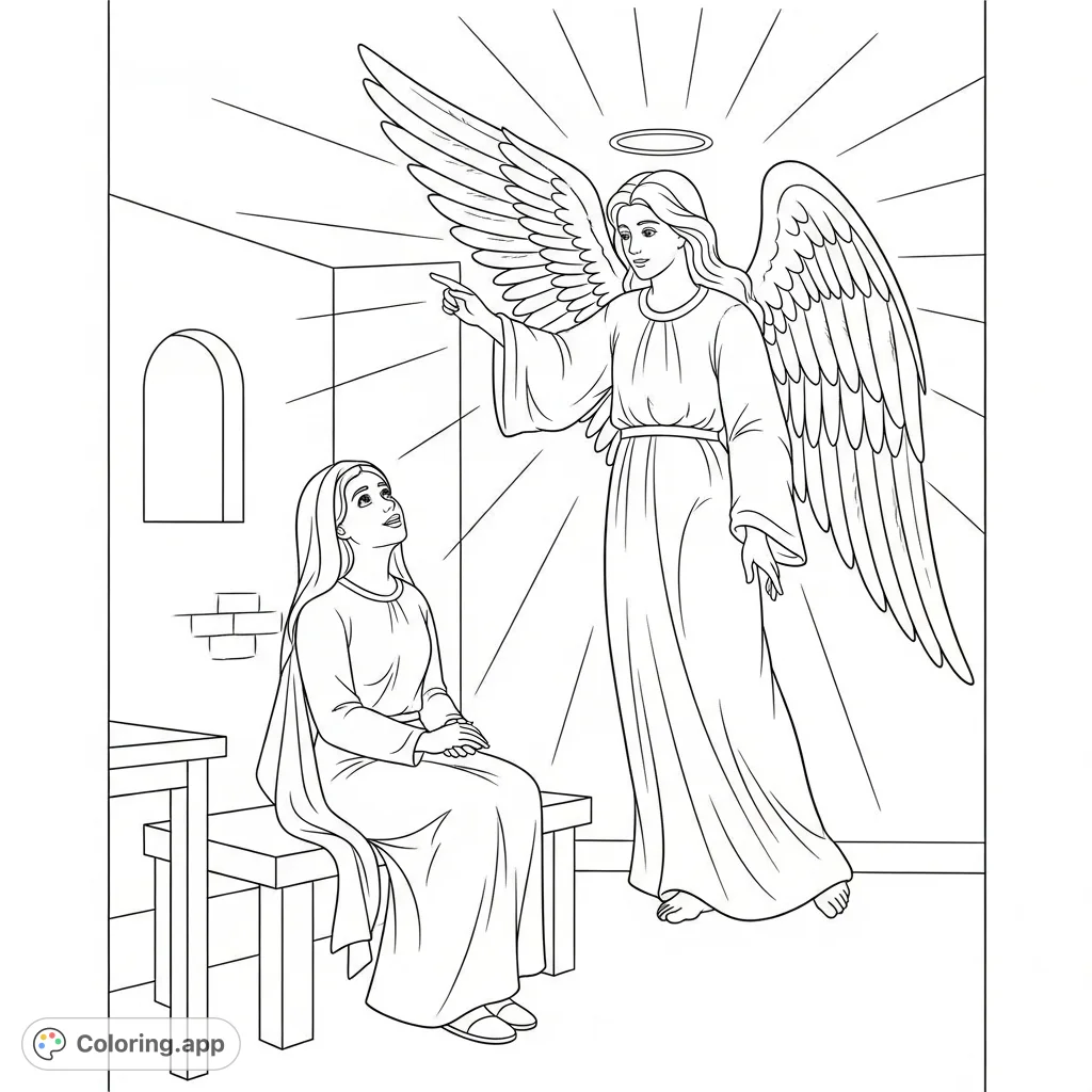 Experience the Annunciation with this free printable coloring page featuring young Mary and a majestic angel, perfect for quiet reflection.