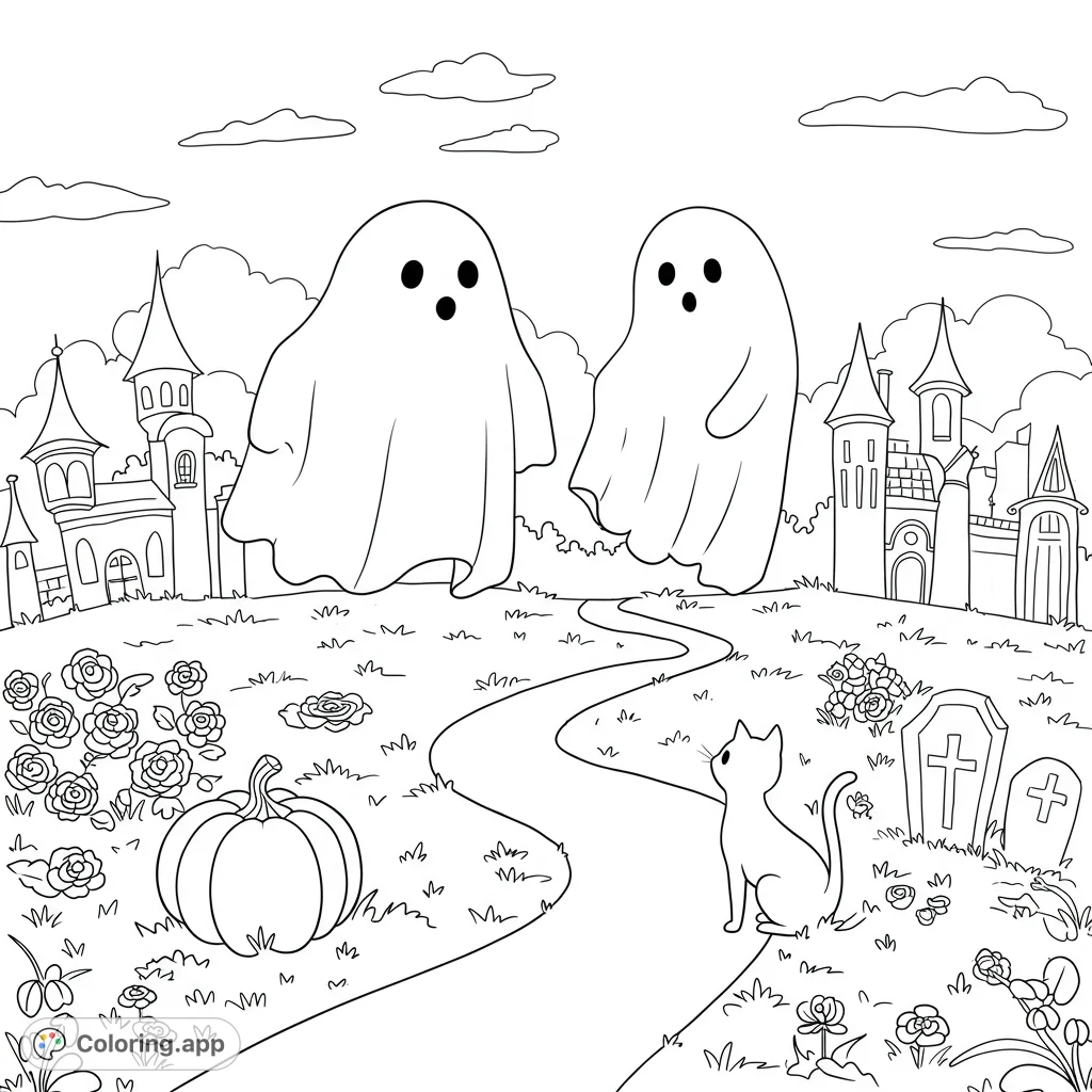 A friendly ghost floats above a path, watched by a pumpkin and a cat, with distant rooftops. Perfect for a spooky yet sweet Halloween coloring page.