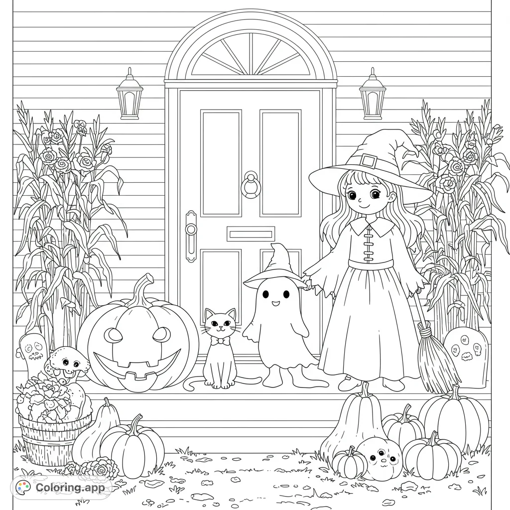 A delightful Halloween scene featuring a pumpkin, cat, ghost, and witch on a welcoming porch with festive gourds and cornstalks.
