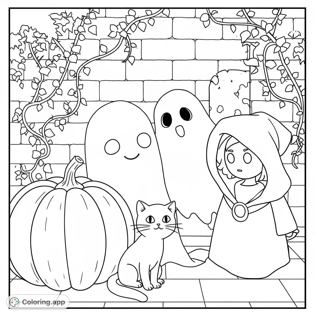 A charming Halloween scene featuring a pumpkin, black cat, ghost, and witch interacting against a brick wall. Perfect for festive coloring fun!