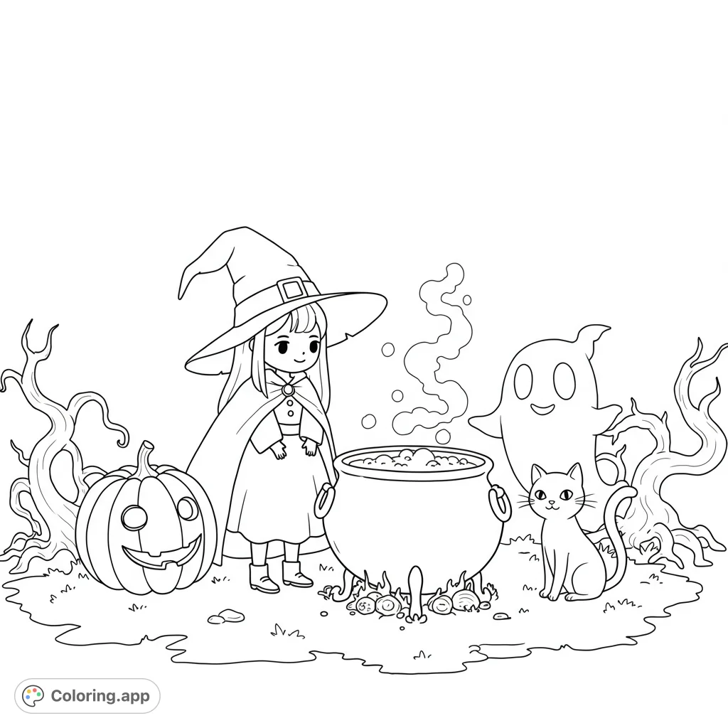 A charming witch, her bubbling cauldron, and spooky friends await your creative touch in this delightful witch coloring page. Perfect for all ages!