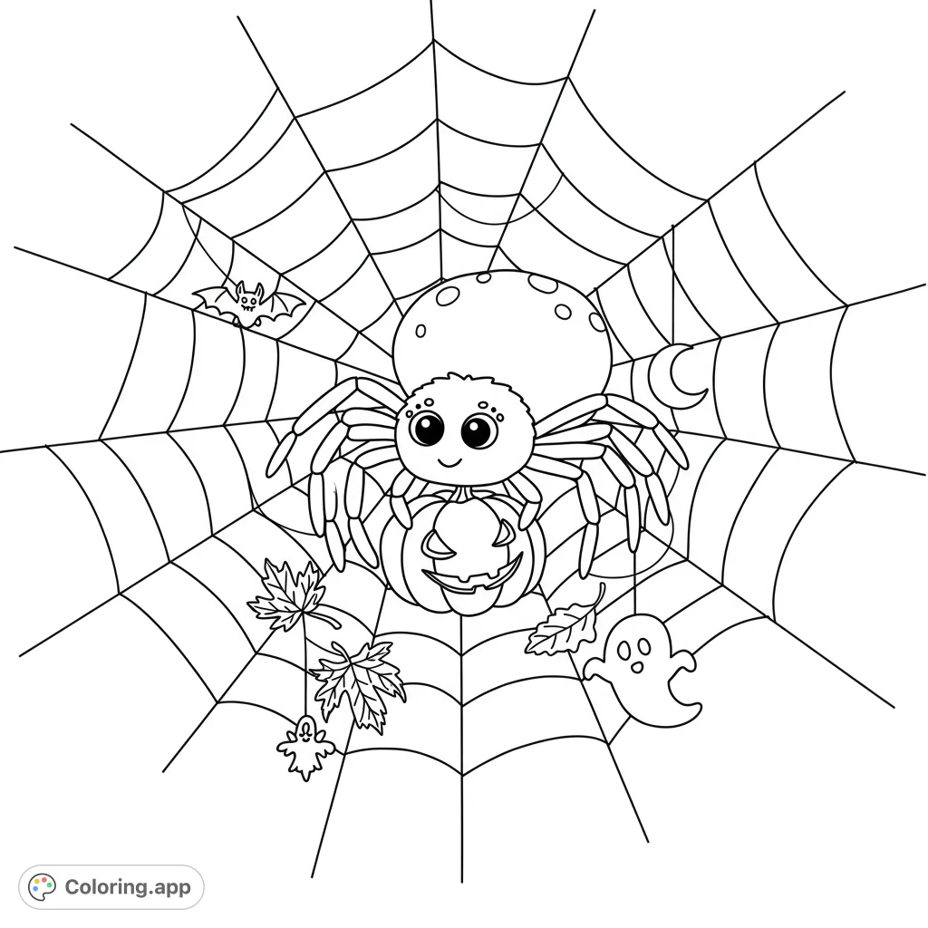 A cute spider decorates its intricate web with festive Halloween elements like a pumpkin, bat, and ghost. Perfect for spooky season fun!