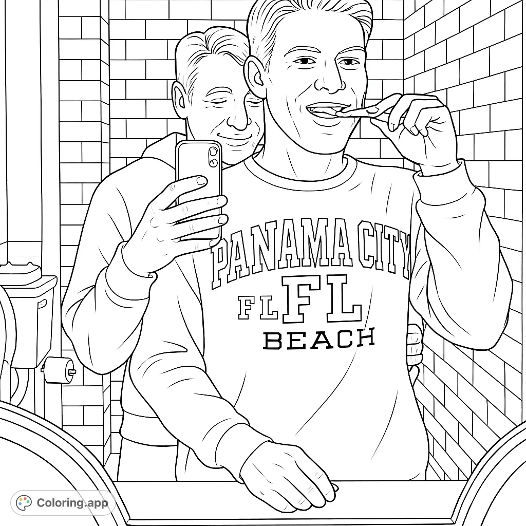 Capture a heartwarming morning routine with two men reflected in a mirror. A simple, realistic scene perfect for personalizing with your favorite shades.