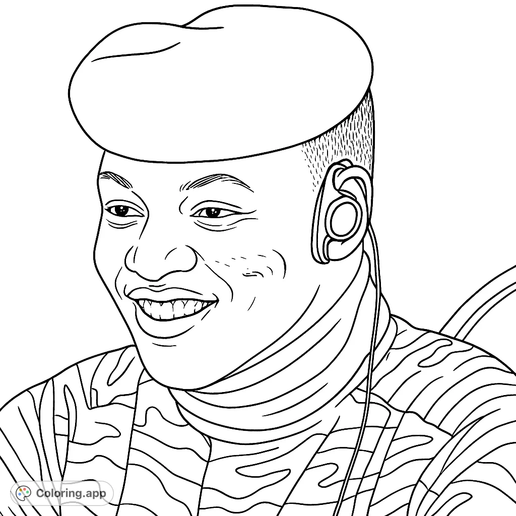 A detailed portrait of a smiling man wearing a distinctive beret and patterned uniform, perfect for a thoughtful portrait coloring page experience.