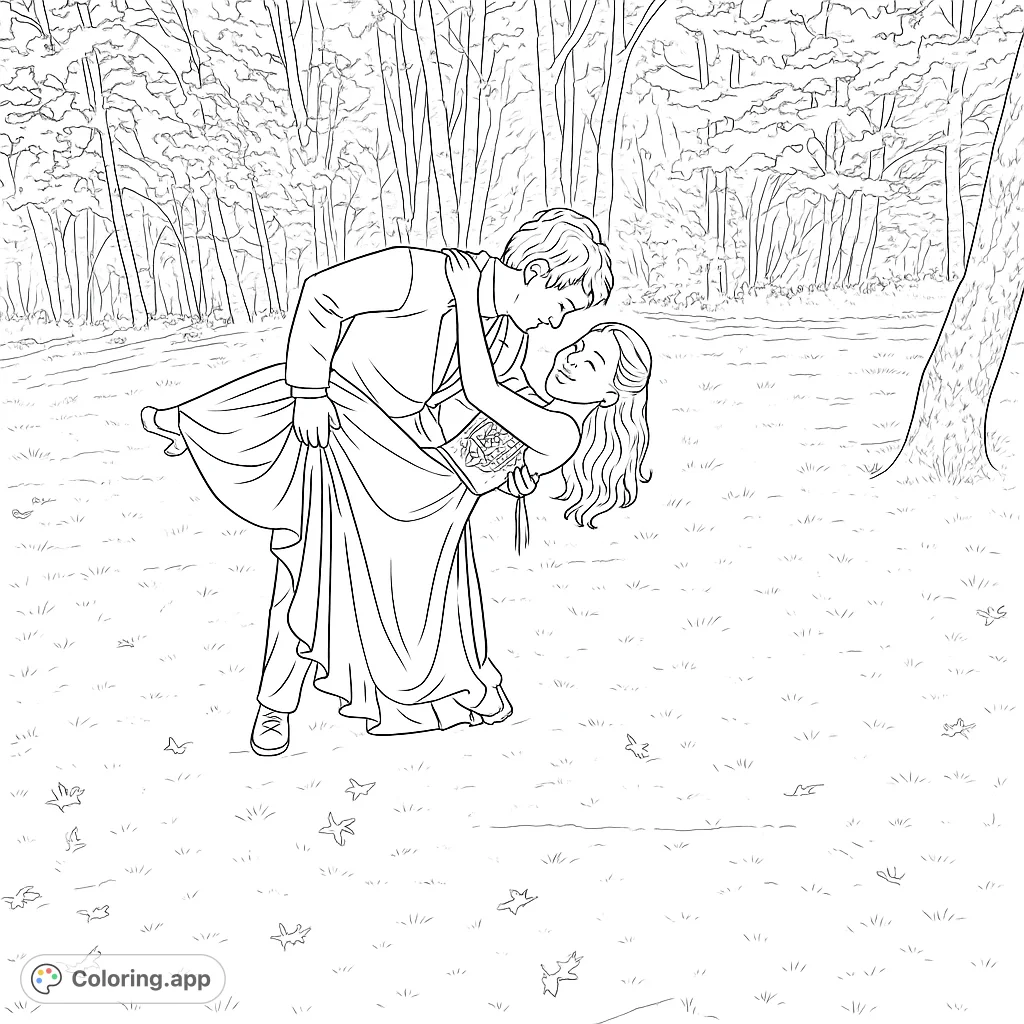 Capture a romantic outdoor dance scene with a couple in formal attire. Perfect for celebrating special moments and adding your personal touch to their elegant poses.