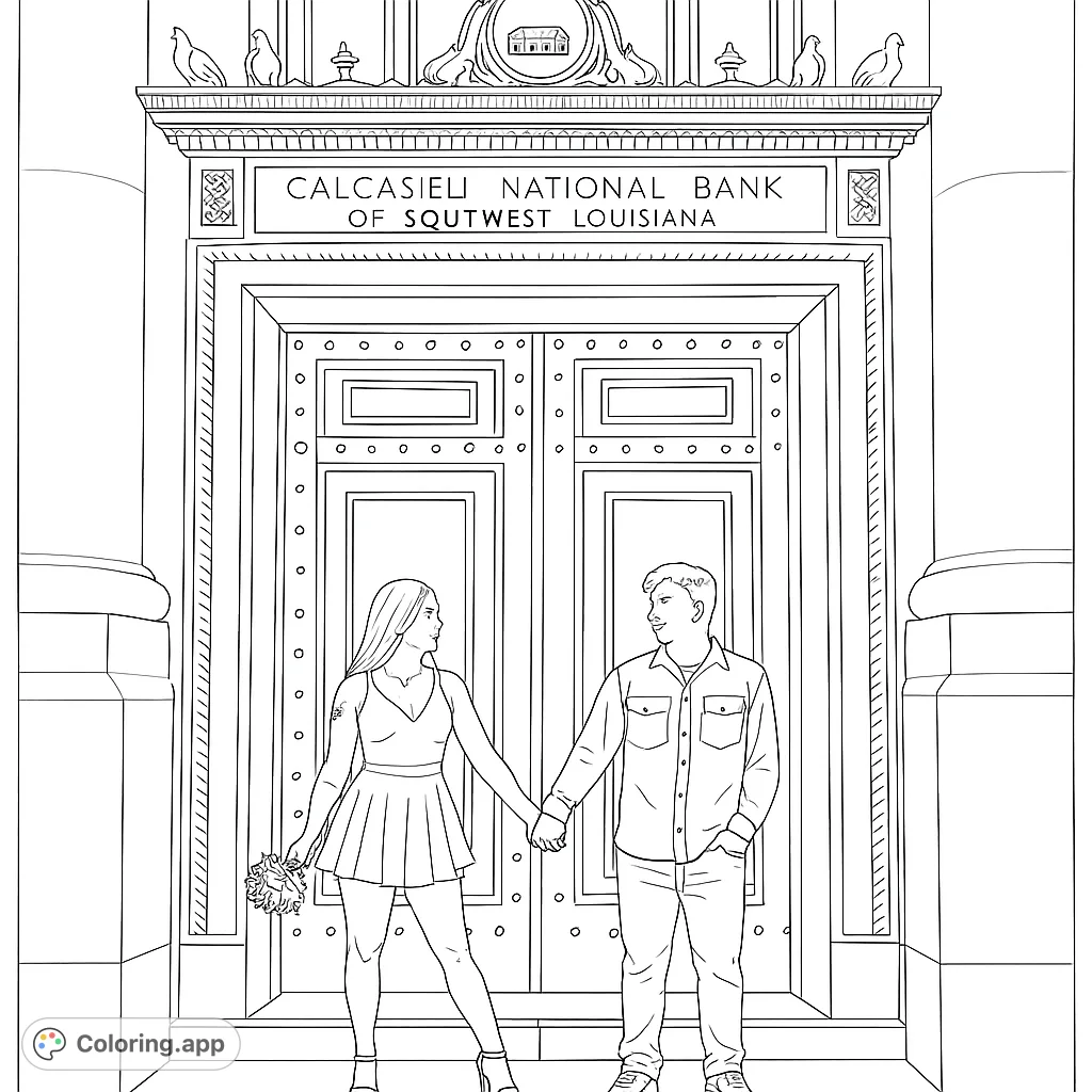 A romantic scene featuring a couple holding hands in front of a majestic, intricately detailed building entrance, perfect for a love-themed coloring page.