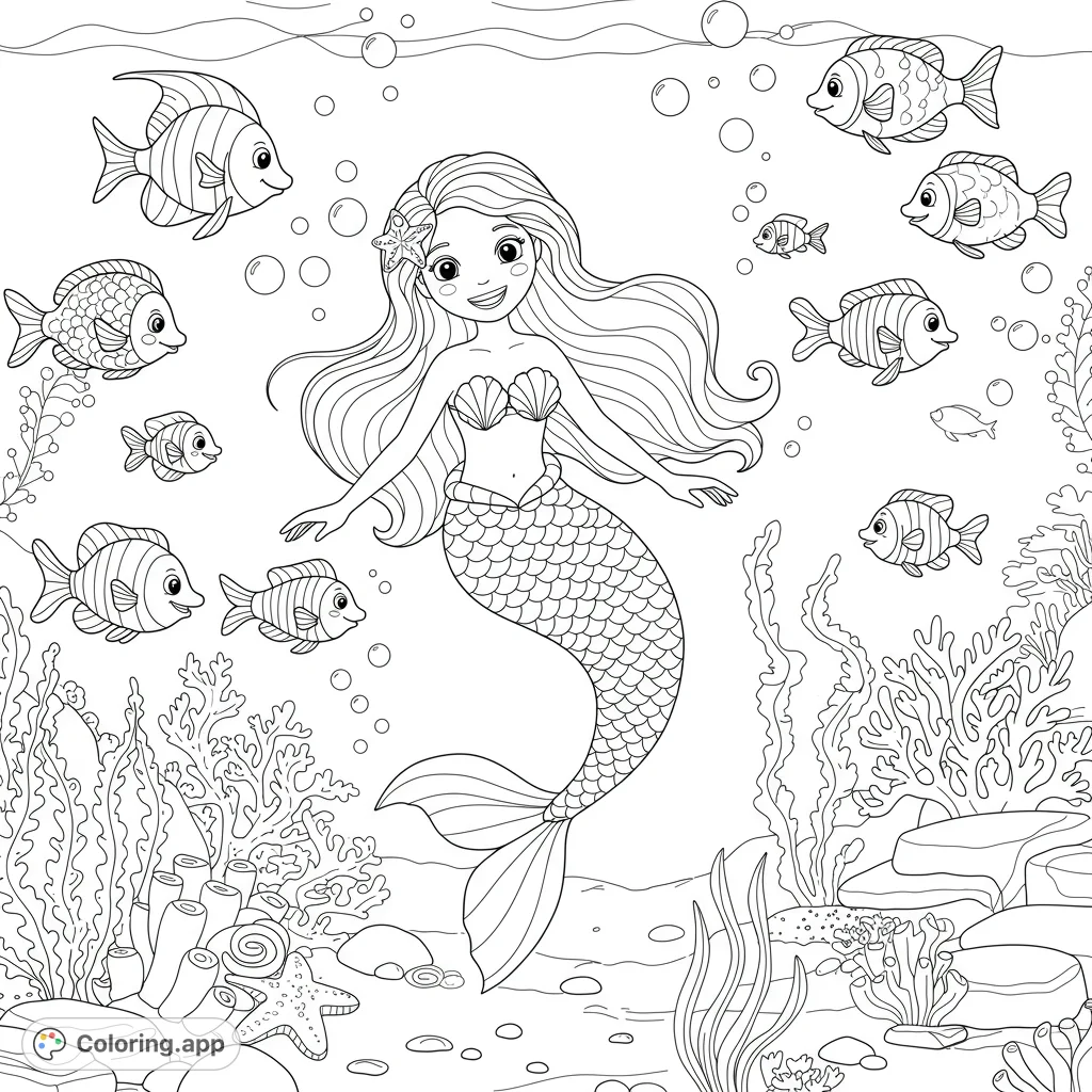 Dive into an enchanting under-the-sea mermaid coloring page, featuring a smiling mermaid surrounded by her cheerful fish friends.