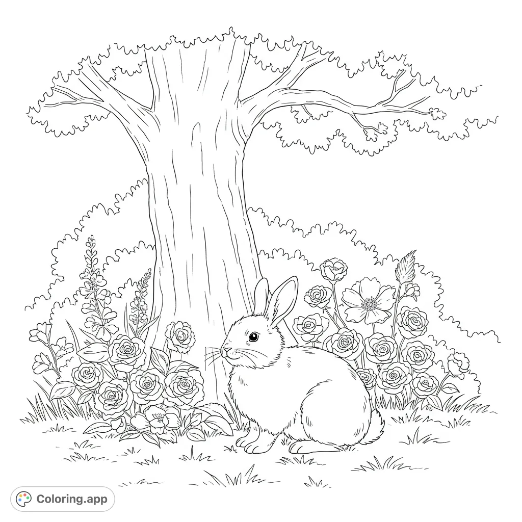 A charming rabbit sits peacefully among blooming flowers beside a grand tree, bathed in warm sunlight. A delightful nature scene for coloring.