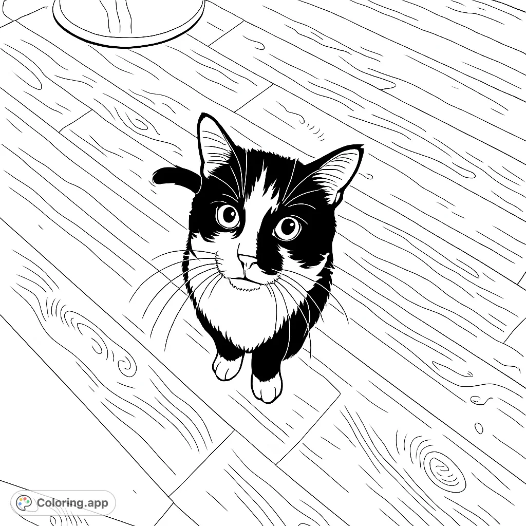 A charming cat sits attentively on a textured floor, ready for your creative touch. Perfect for pet lovers and all ages.