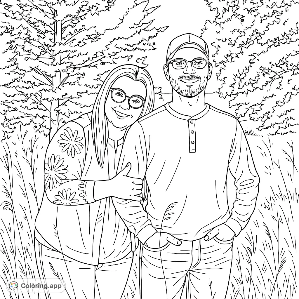 A heartwarming scene of a couple standing together in a natural setting, perfect for personalizing with your favorite colors.
