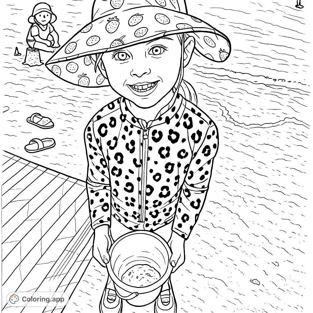 A delightful beach scene featuring a smiling child ready for sandcastle adventures. Perfect for a fun, relaxing coloring experience.