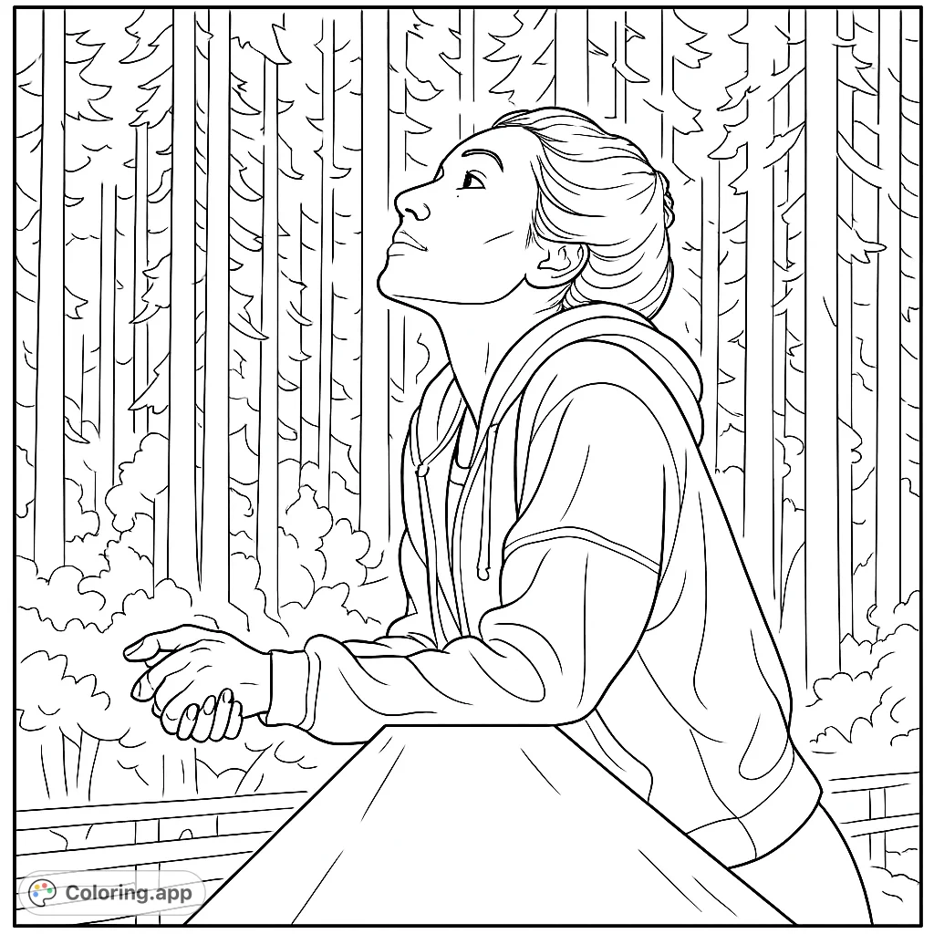 Discover tranquility with this forest contemplation coloring page. A person gazes upwards amidst tall trees, perfect for mindful coloring and relaxation.