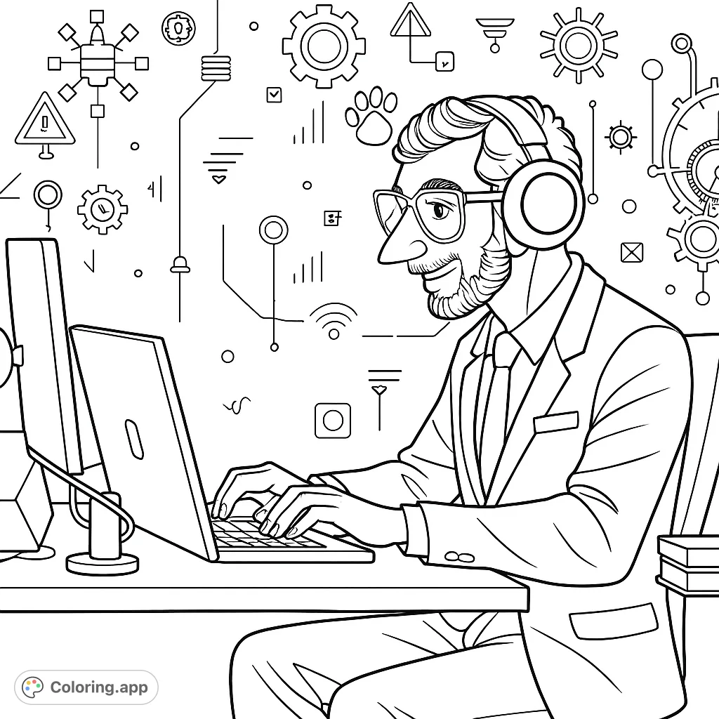 Dive into the world of technology with this digital innovator coloring page. Featuring a man coding amidst abstract tech icons, perfect for tech enthusiasts.