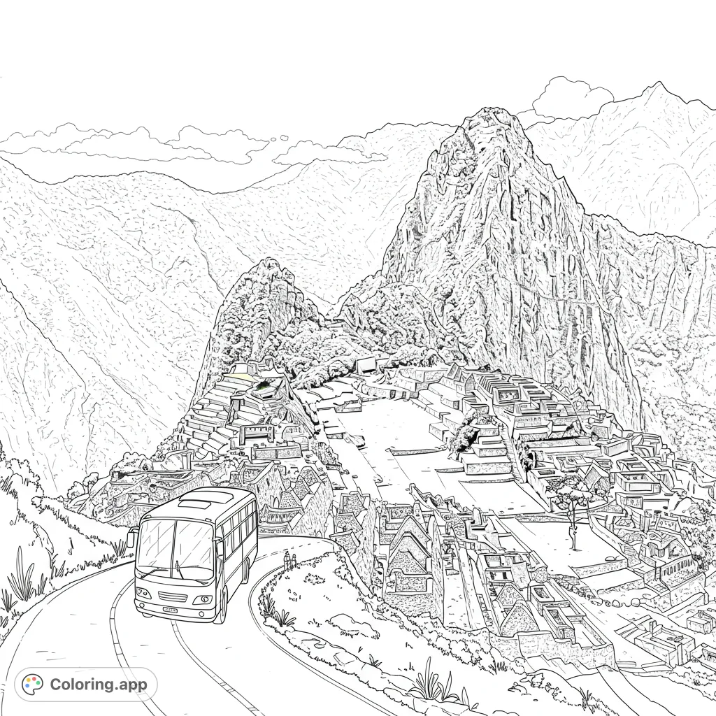 Embark on a journey to the iconic ancient city of Machu Picchu. This detailed coloring page features a bus ascending a winding mountain road towards the historic ruins.