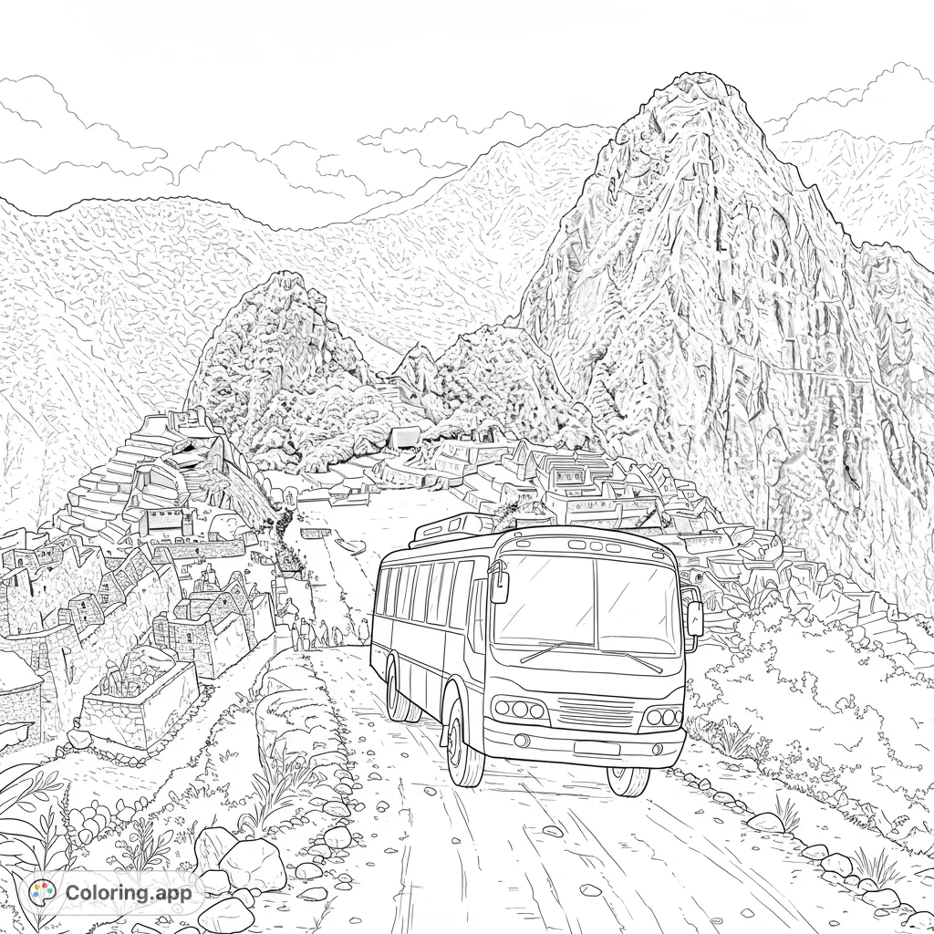 Embark on an adventure with this Machu Picchu bus ascent coloring page. Features a bus on a winding road with iconic ruins.