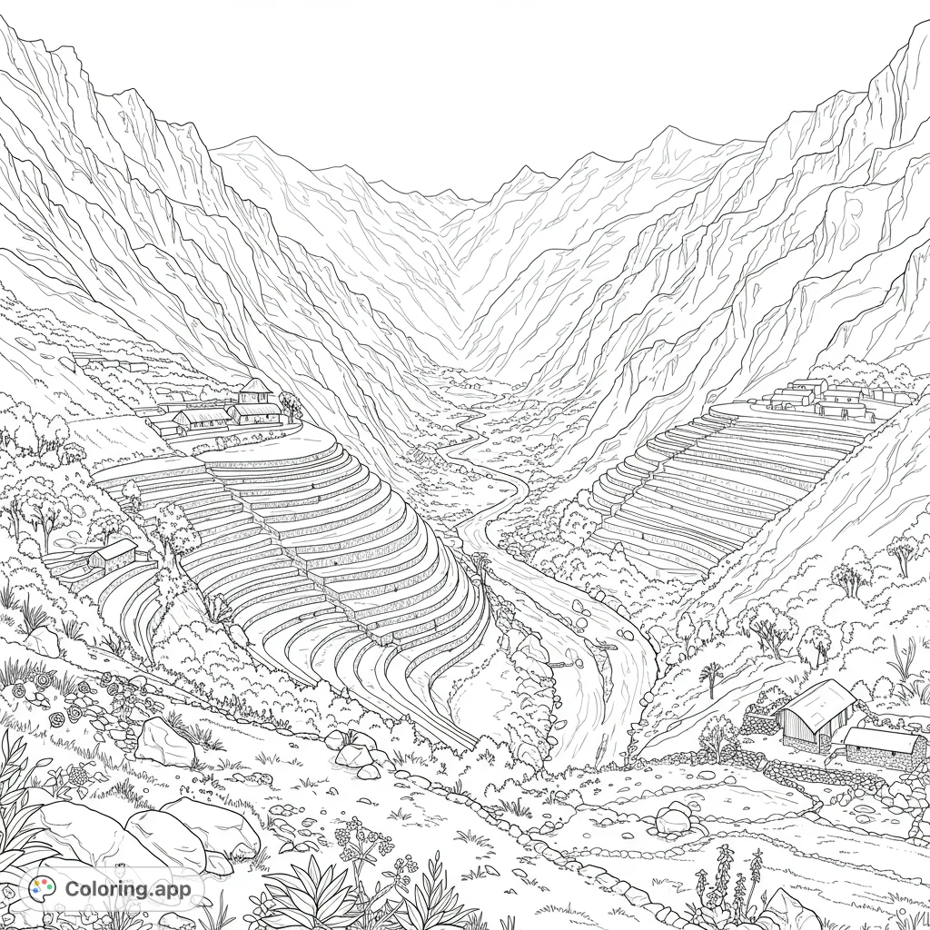 Explore the majestic Sacred Valley of Peru, featuring ancient Inca terraces, towering Andean peaks, and a winding river. A detailed landscape for mindful coloring.