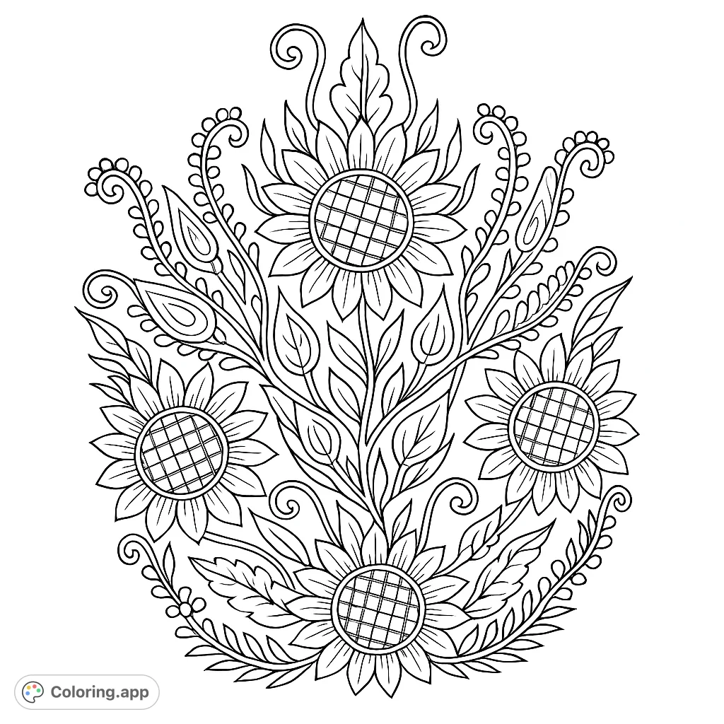 Discover a beautiful embroidered floral coloring page featuring intricate sunflower-like blooms, swirling vines, and detailed leaves. Perfect for creative expression.