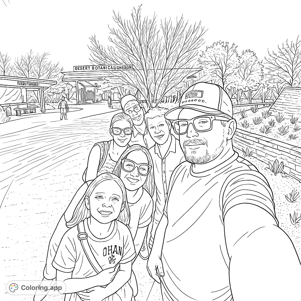 Capture a joyful family moment at a botanical garden. This free printable coloring page features a group selfie amidst desert plants and architecture.