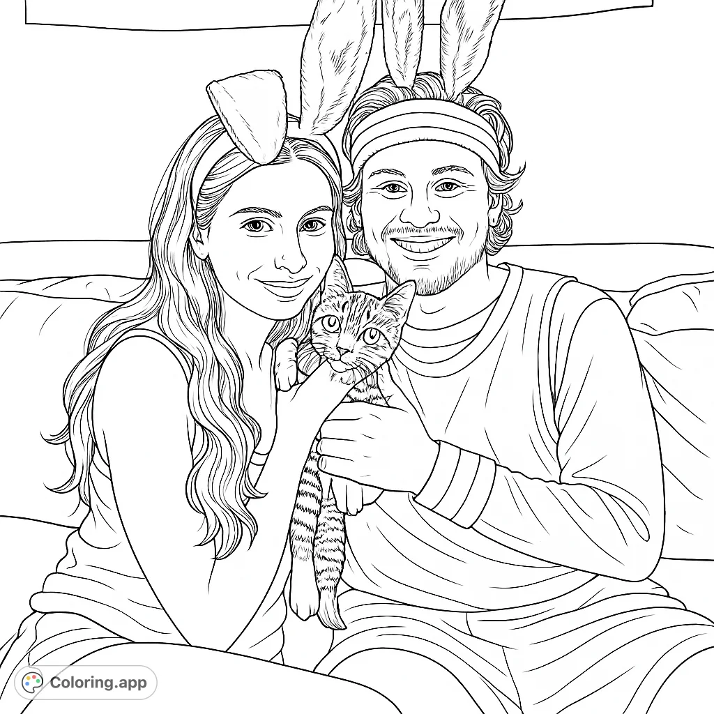 A heartwarming coloring page featuring two friends with playful bunny ears and a cute kitten, perfect for animal lovers and those who cherish friendship.