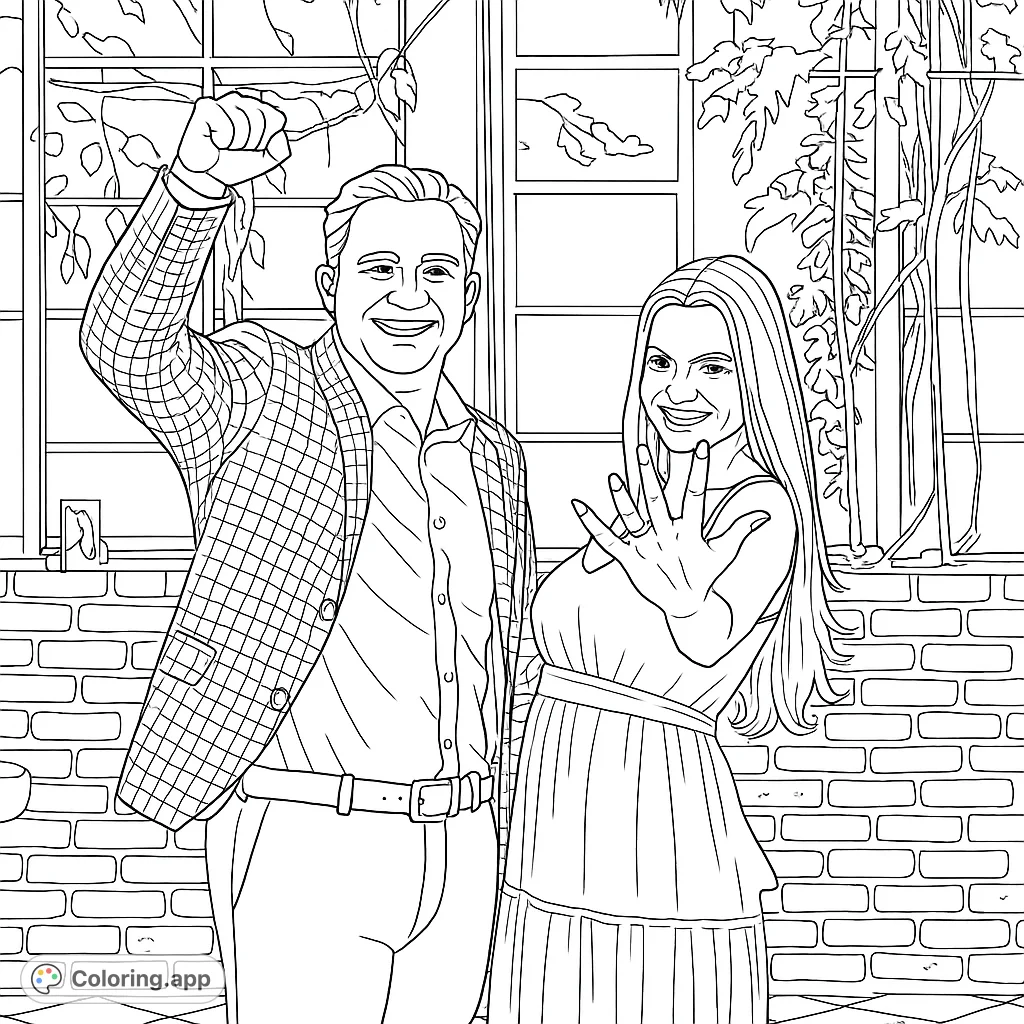 Celebrate love with this engagement coloring page! A happy couple shares their big news against a charming brick and window backdrop, perfect for personalizing.