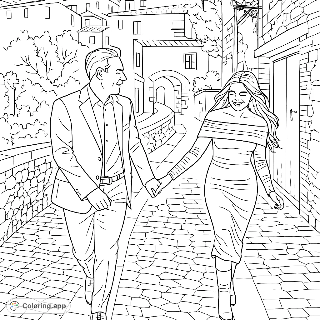 Capture a romantic stroll through an ancient town. A couple walks hand-in-hand on a cobblestone path, surrounded by historic architecture.