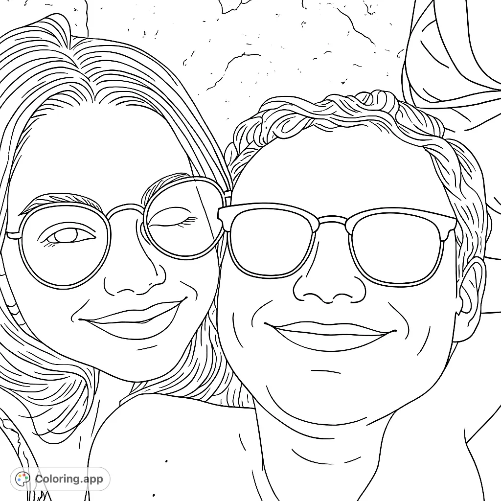A happy couple enjoying a sunny day on the beach, captured in a close-up view, perfect for a relaxing coloring session.