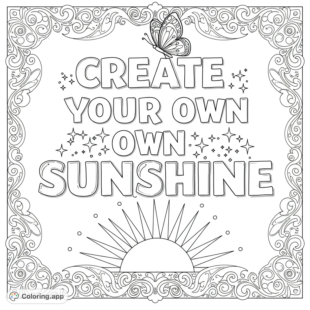 Inspiring 'Create Your Own Sunshine' coloring page featuring a bubble letter 'CREATE' with a butterfly, a geometric sun, and swirling patterns. A positive, free printable coloring page.