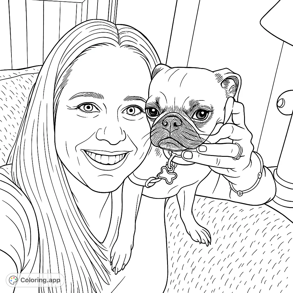 A heartwarming free printable pug coloring page featuring a smiling woman embracing her adorable pug, perfect for pet lovers and relaxation.