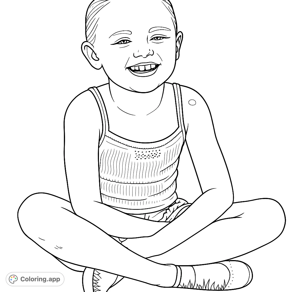 A delightful smiling girl sitting cross-legged, perfect for a happy child coloring page. Features a cheerful expression and textured clothing.