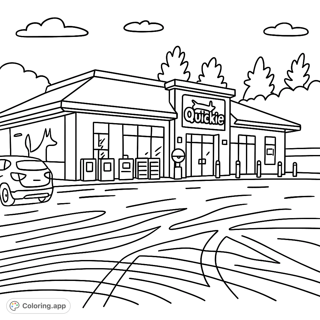 Color a charming convenience store scene, complete with a distinctive building, a car, and a snowy parking lot. A fun, free printable coloring page for all ages!