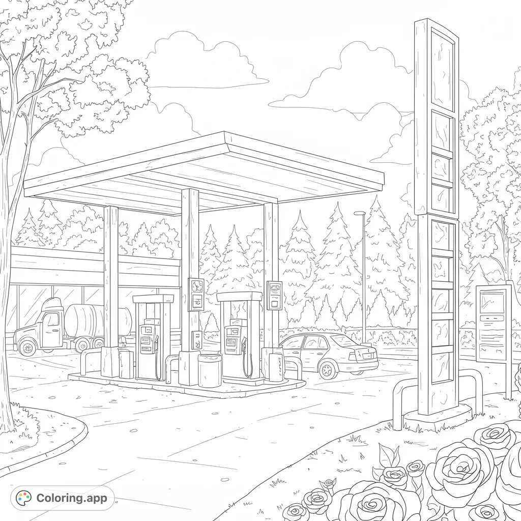 Color a lively gas station scene featuring a car and a truck under a bright sky with trees. Perfect for vehicle enthusiasts and everyday adventures.