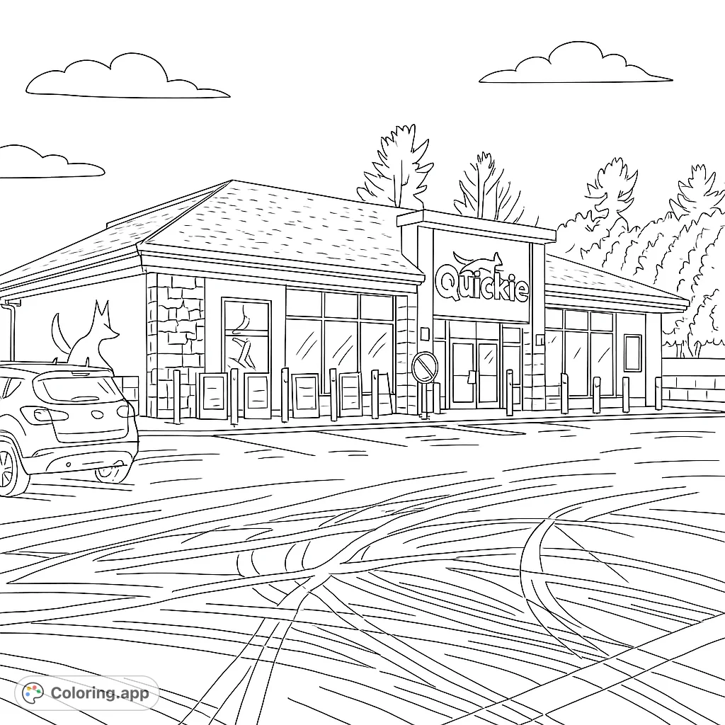 A detailed convenience store in a winter setting, featuring a parking lot with snow and tire tracks, and a prominent building with a fox logo.