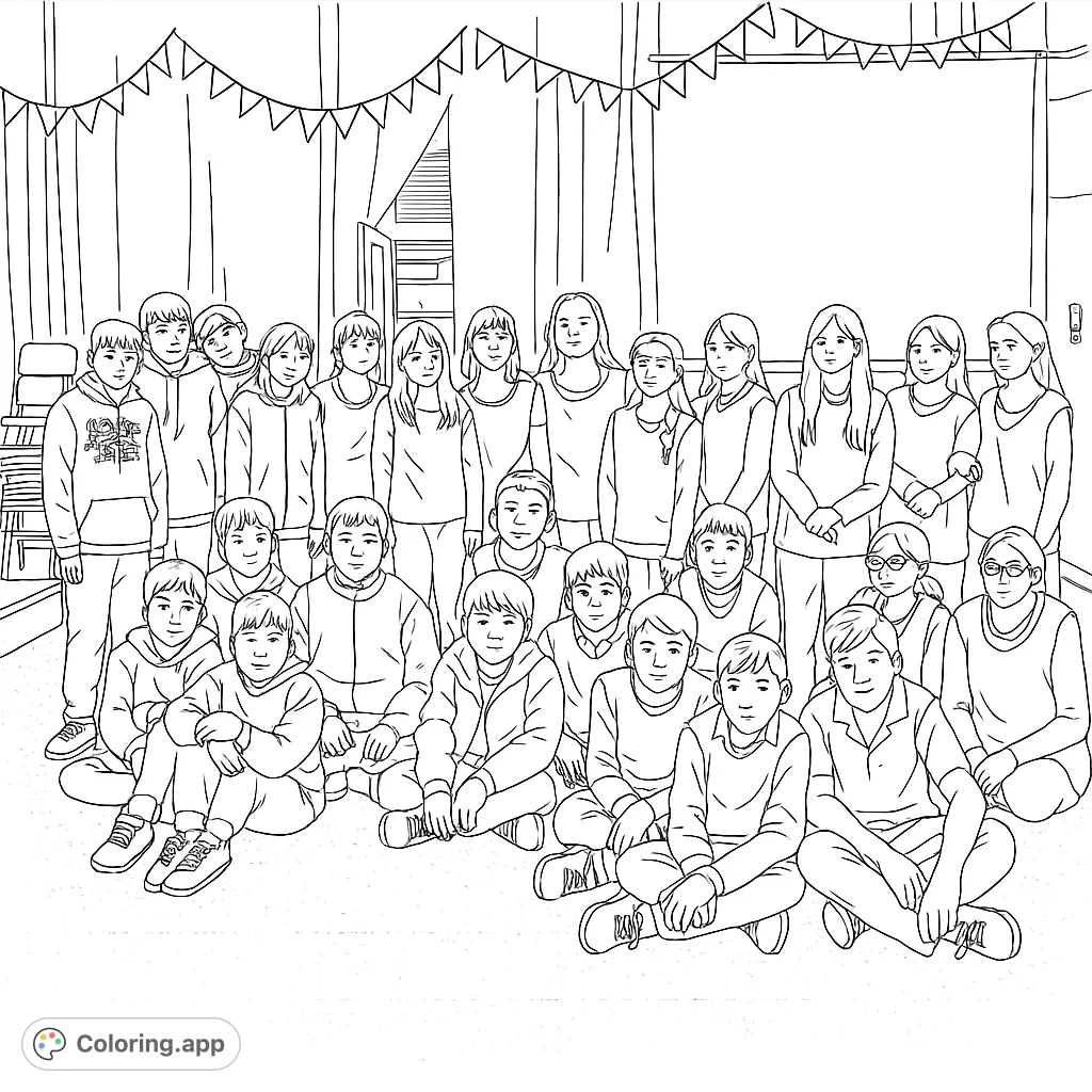 A vibrant group portrait of students and a teacher, perfect for personalizing each individual and celebrating school community.