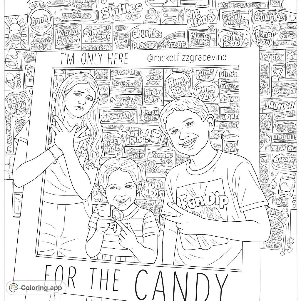 Three children pose in a rustic frame against a vibrant candy wrapper wall, ready for a sweet coloring adventure. A fun, free printable candy coloring page.