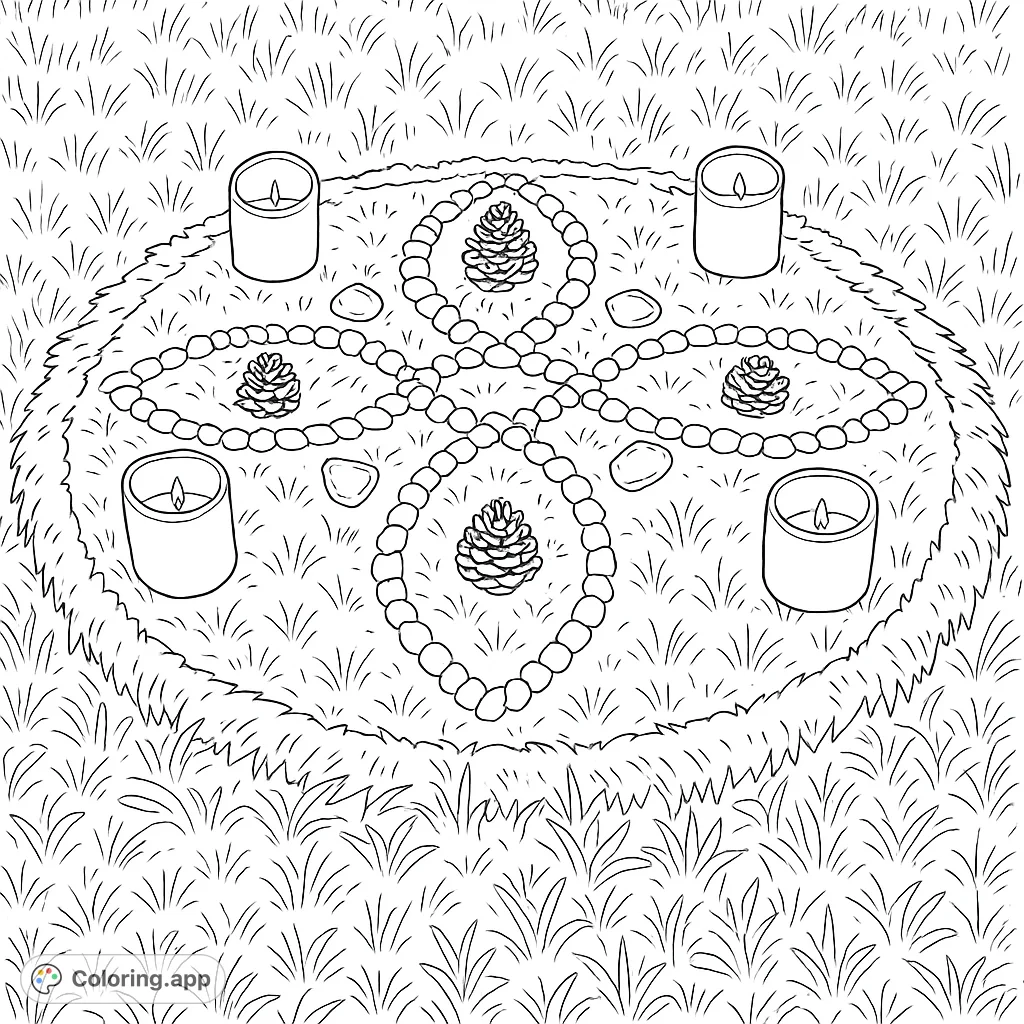 Discover a serene nature mandala coloring page, featuring a symmetrical ground arrangement with organic materials, stones, and candles. A calming design for all ages.