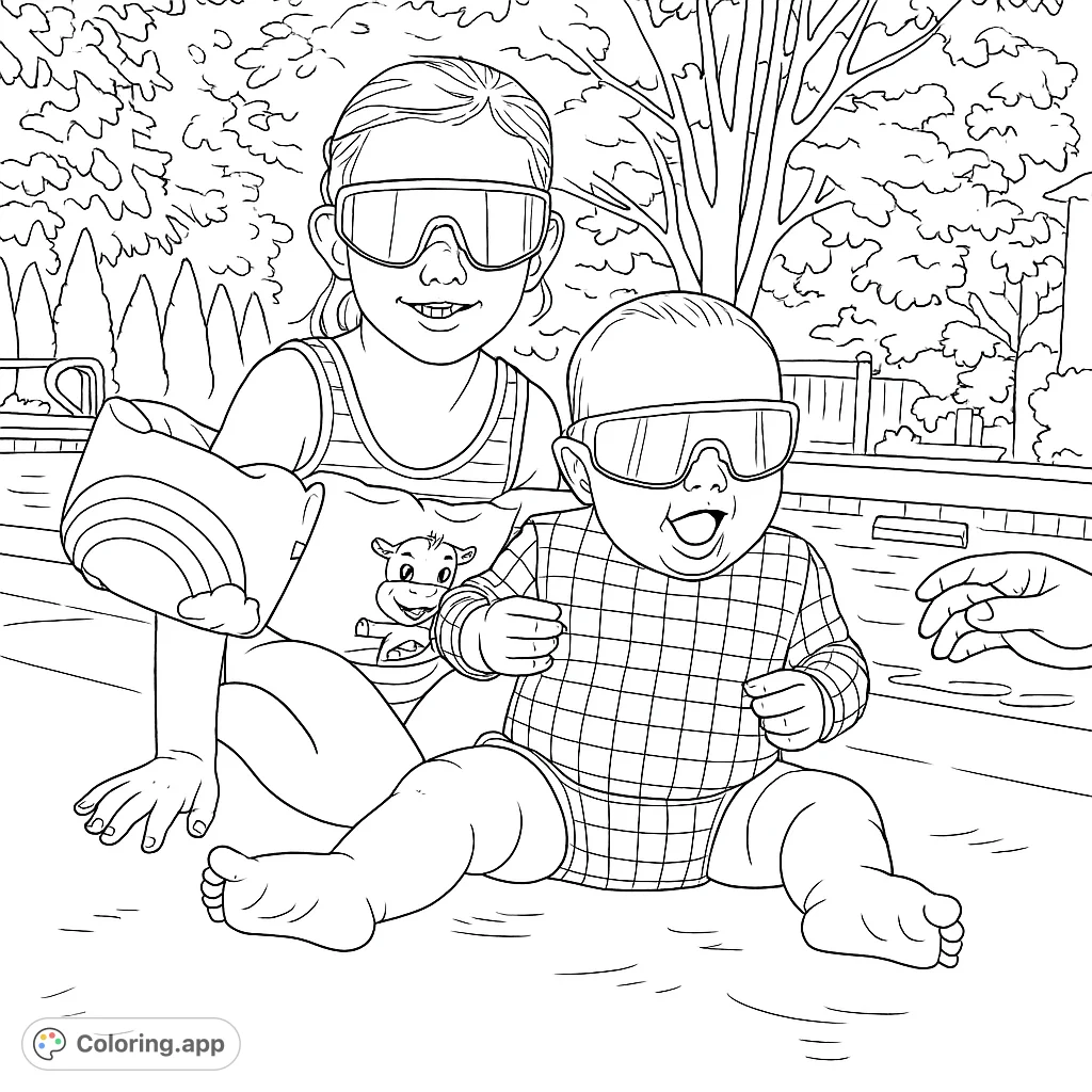 Two cool kids in oversized sunglasses enjoy a sunny pool day. This fun coloring page captures their playful spirit, perfect for a relaxing creative activity.