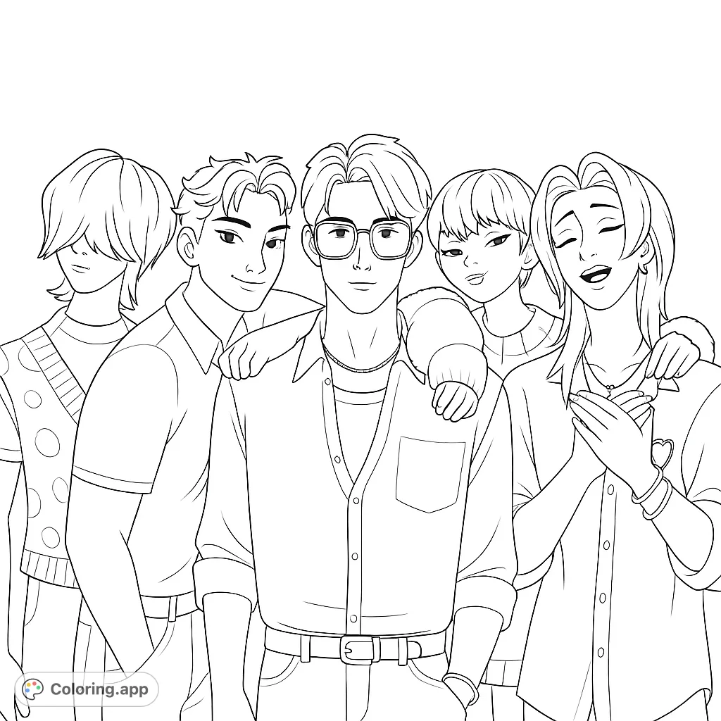 Color a dynamic pop group portrait featuring five stylish characters with unique hairstyles and fashion, perfect for fans of modern character design.