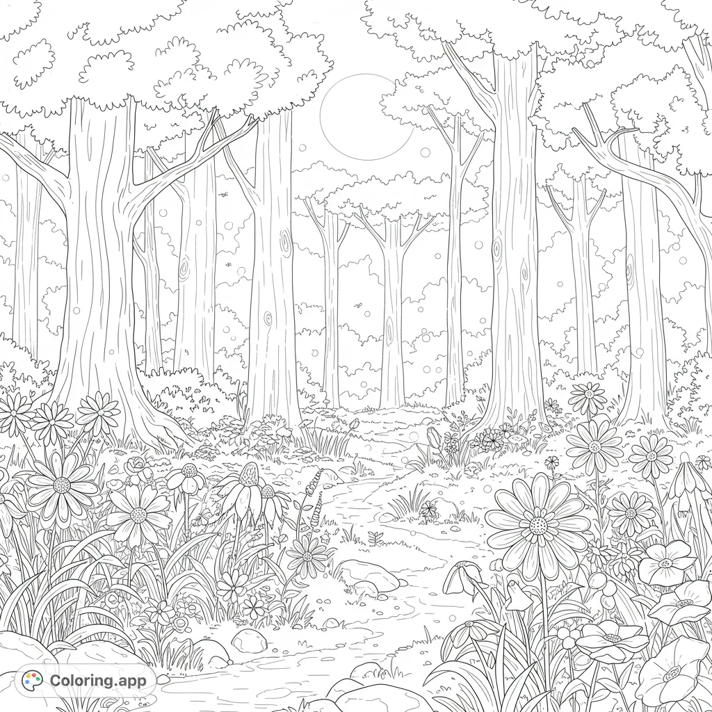Explore a mystical enchanted forest under a prominent moon, filled with glowing fireflies and intricate magic flowers. A magical fantasy scene.