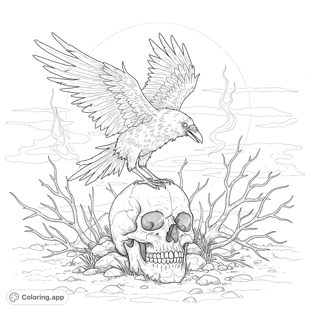 A mystical ghostly crow hovers over a weathered skull, surrounded by ethereal magic. Perfect for a fantasy coloring page.