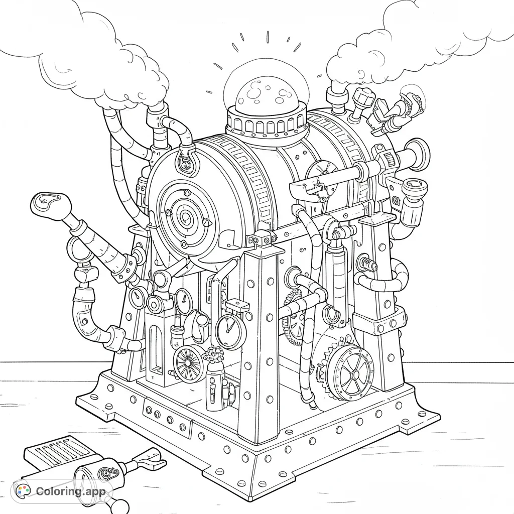 Explore a detailed steampunk magic device coloring page, featuring intricate clockwork, gears, and mystical elements for a unique fantasy adventure.