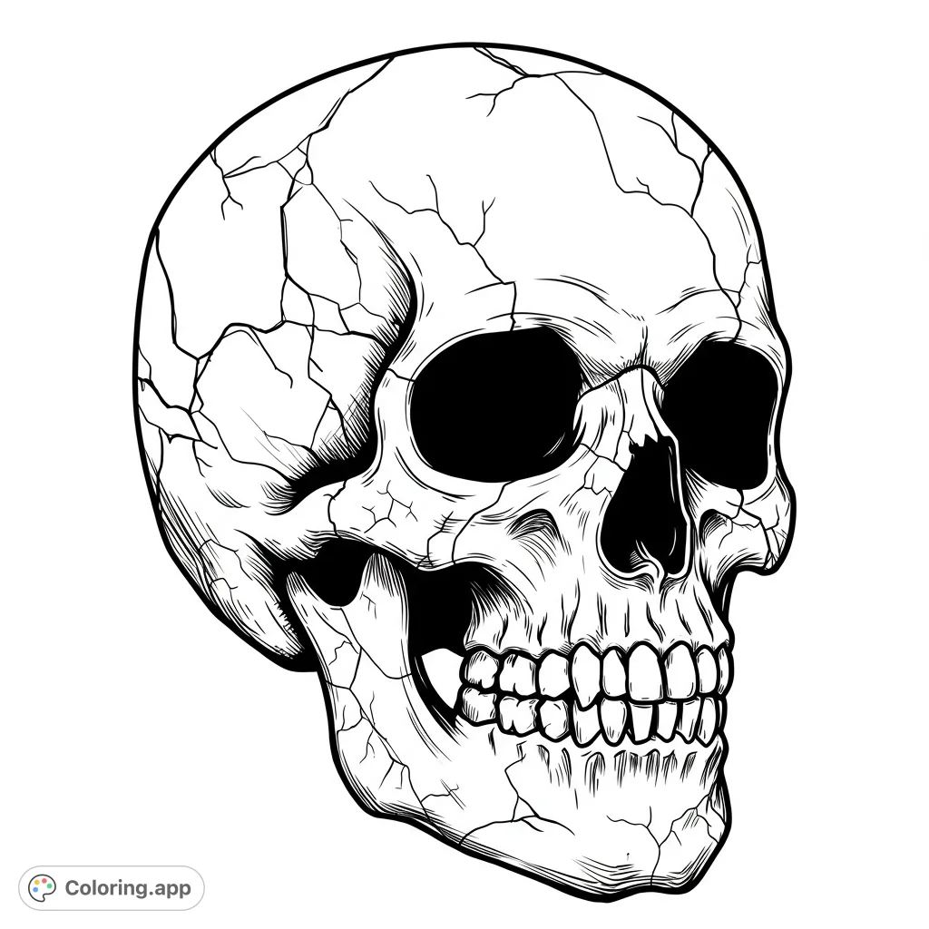 An unsettling spooky skull coloring page featuring intricate cracks and broken fragments, perfect for horror enthusiasts and those who enjoy macabre art.